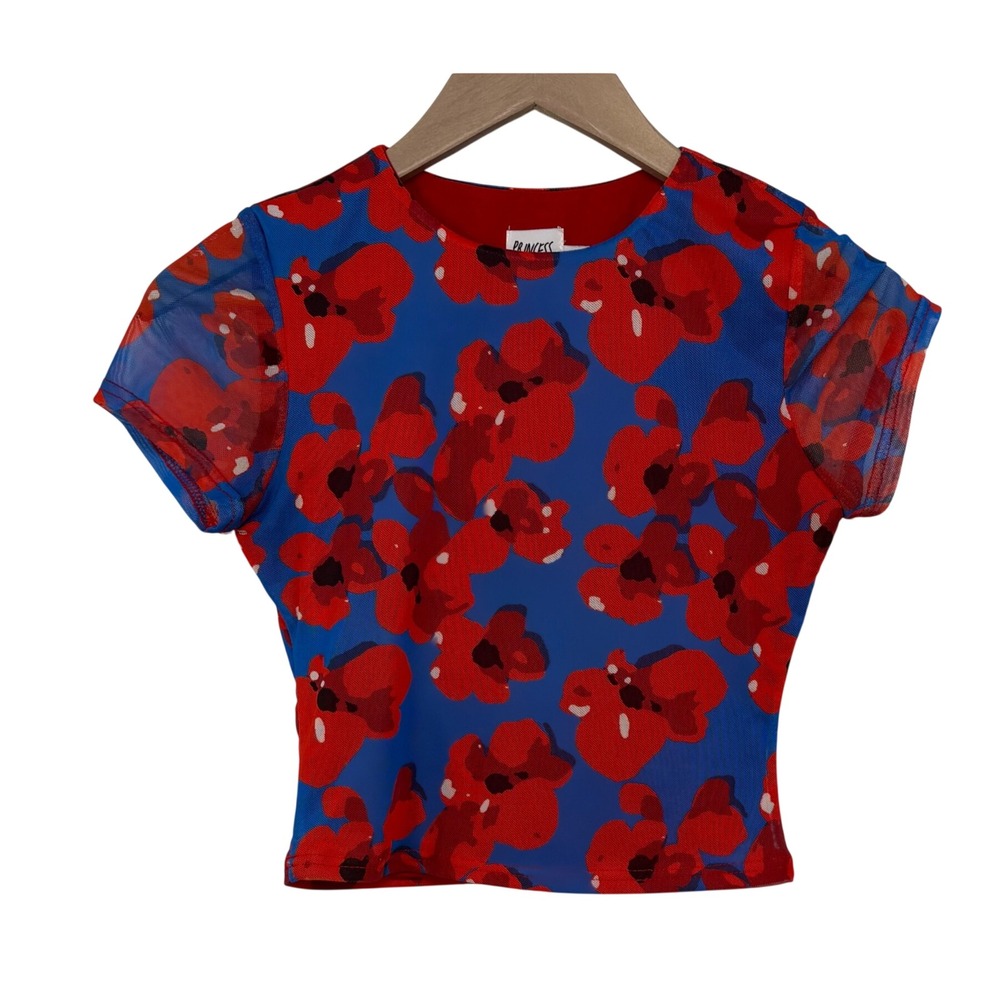 Princess Polly Womens Blue Red Floral Poppy Mesh Short Sleeve Crop Top Size 4